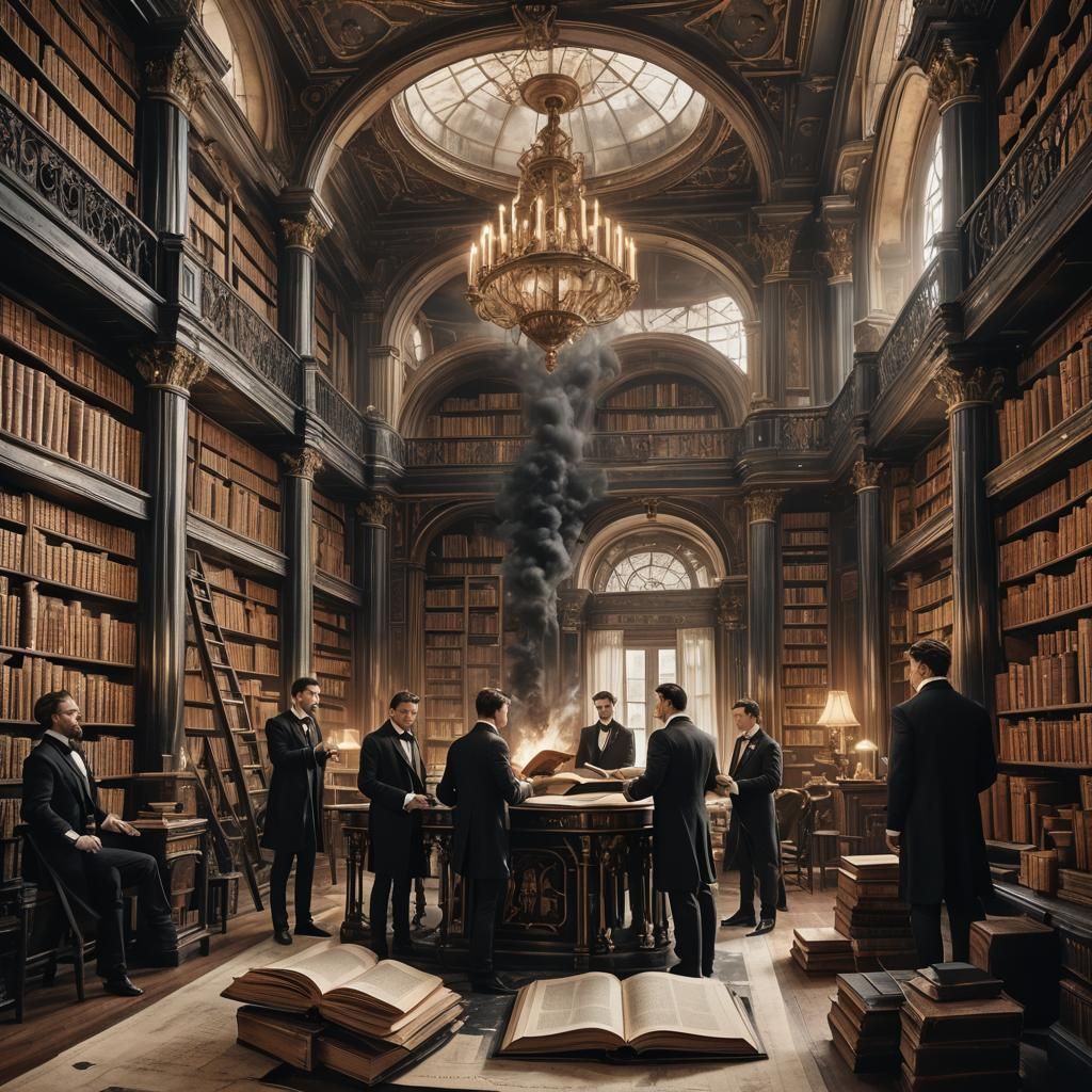 Steampunk Library: Floating Book in Gothic Mansion