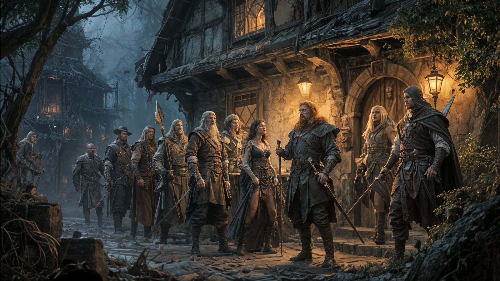 Adventurers Outside Tavern in Fantasy Illustration Style