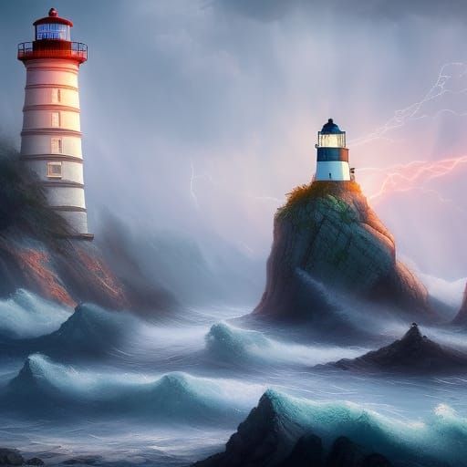 Dramatic Lighthouse Scene with Lightning, Detailed Matte Pai...