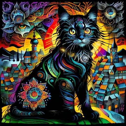 Cosmic Zentangle Cat in Hundertwasserhaus Style