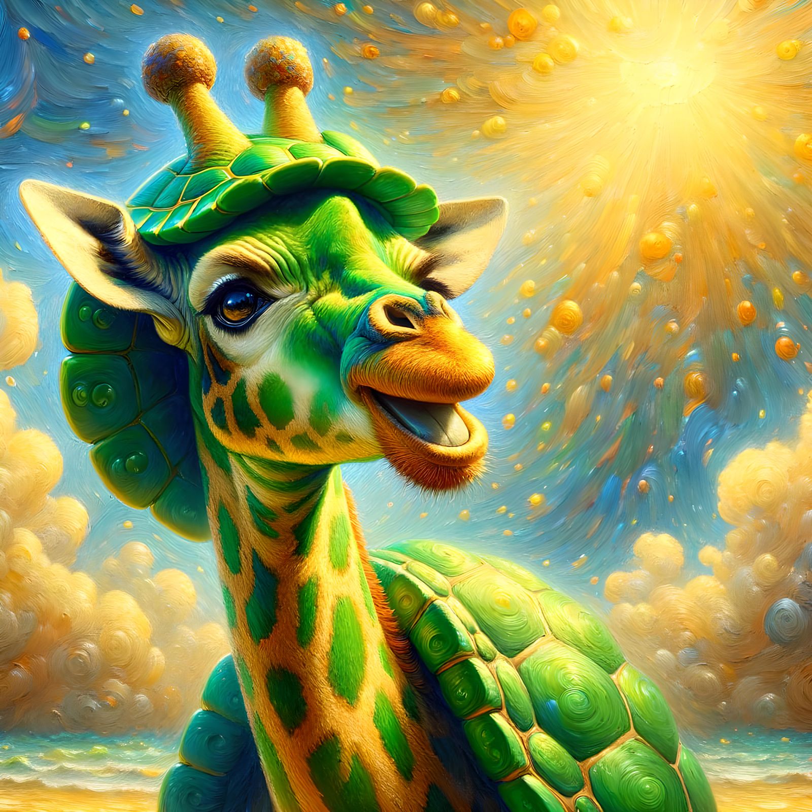 Cheerful Giraffe with Turtle Shell Oil Painting