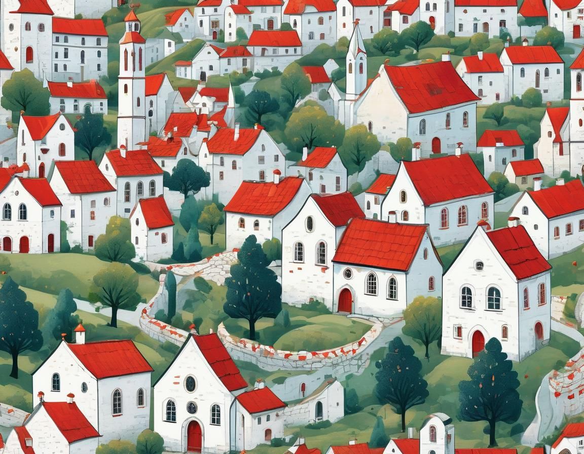 Vintage Illustration of European Village with Airplane