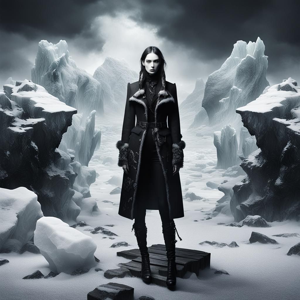 Gothic Model in Icy Landscape: Black and White Photography