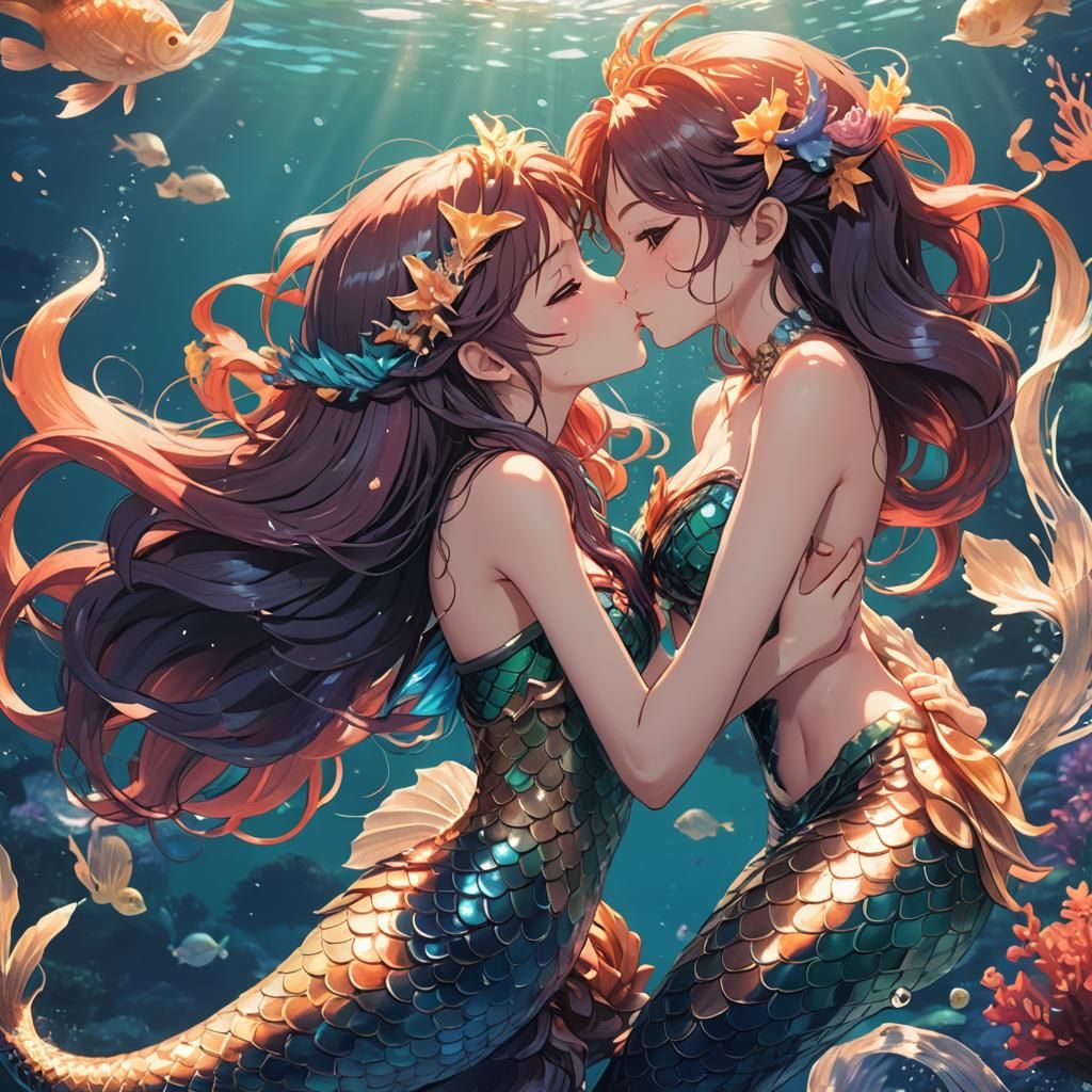 Anime Mermaids Kissing: Cel-Shaded Manga Art