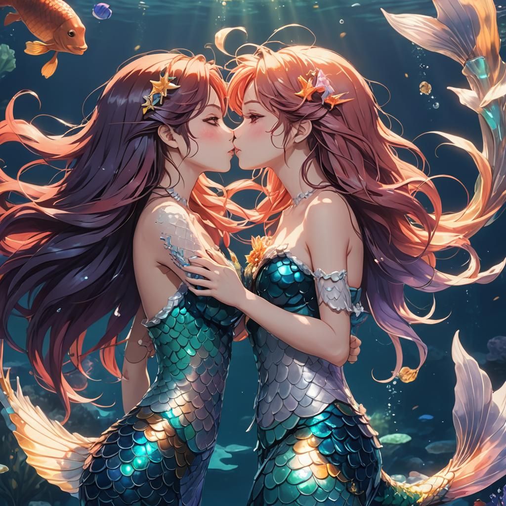 Anime Mermaids Kissing in Cel-Shaded Style