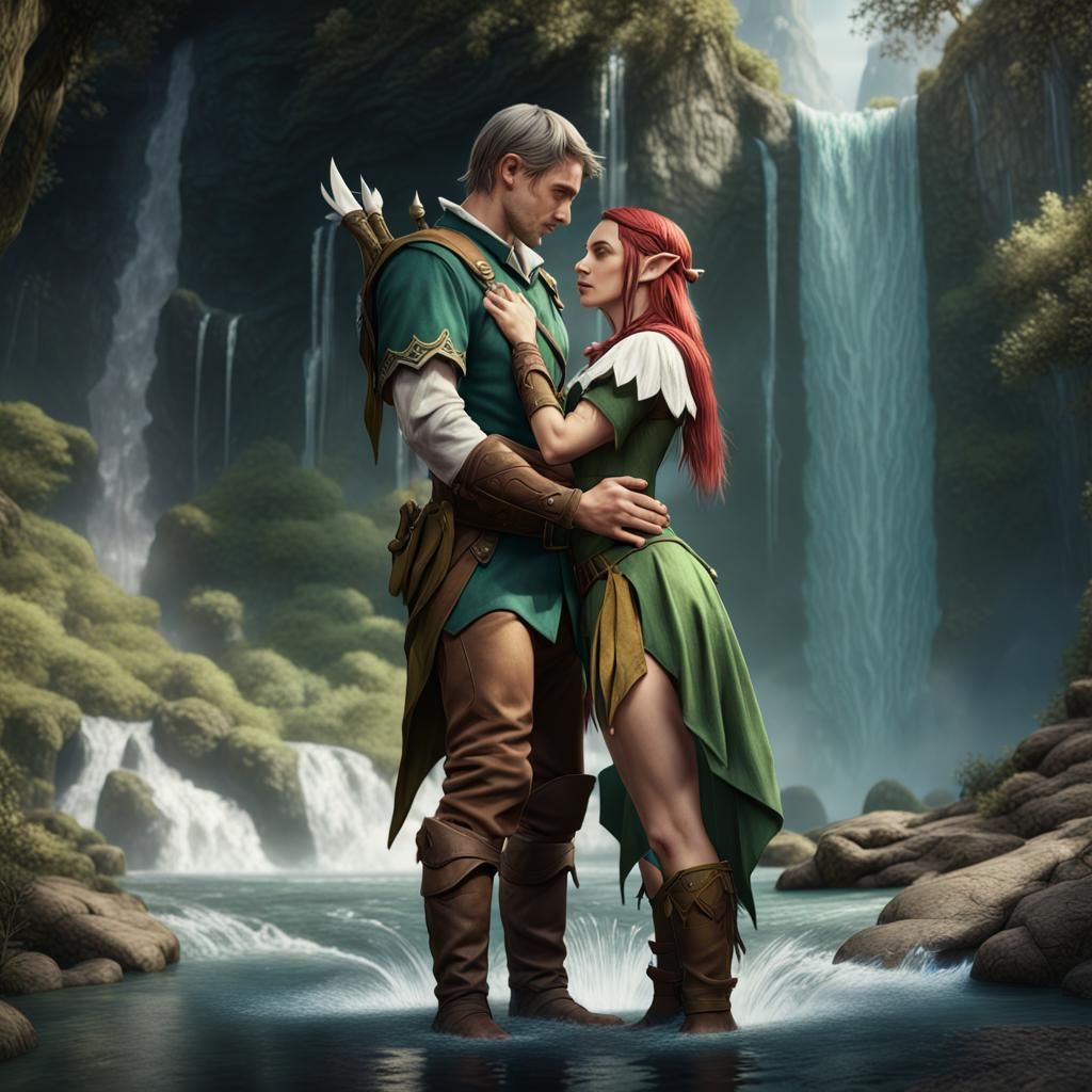 Ranger and Elf Cuddle in Fantasy Landscape