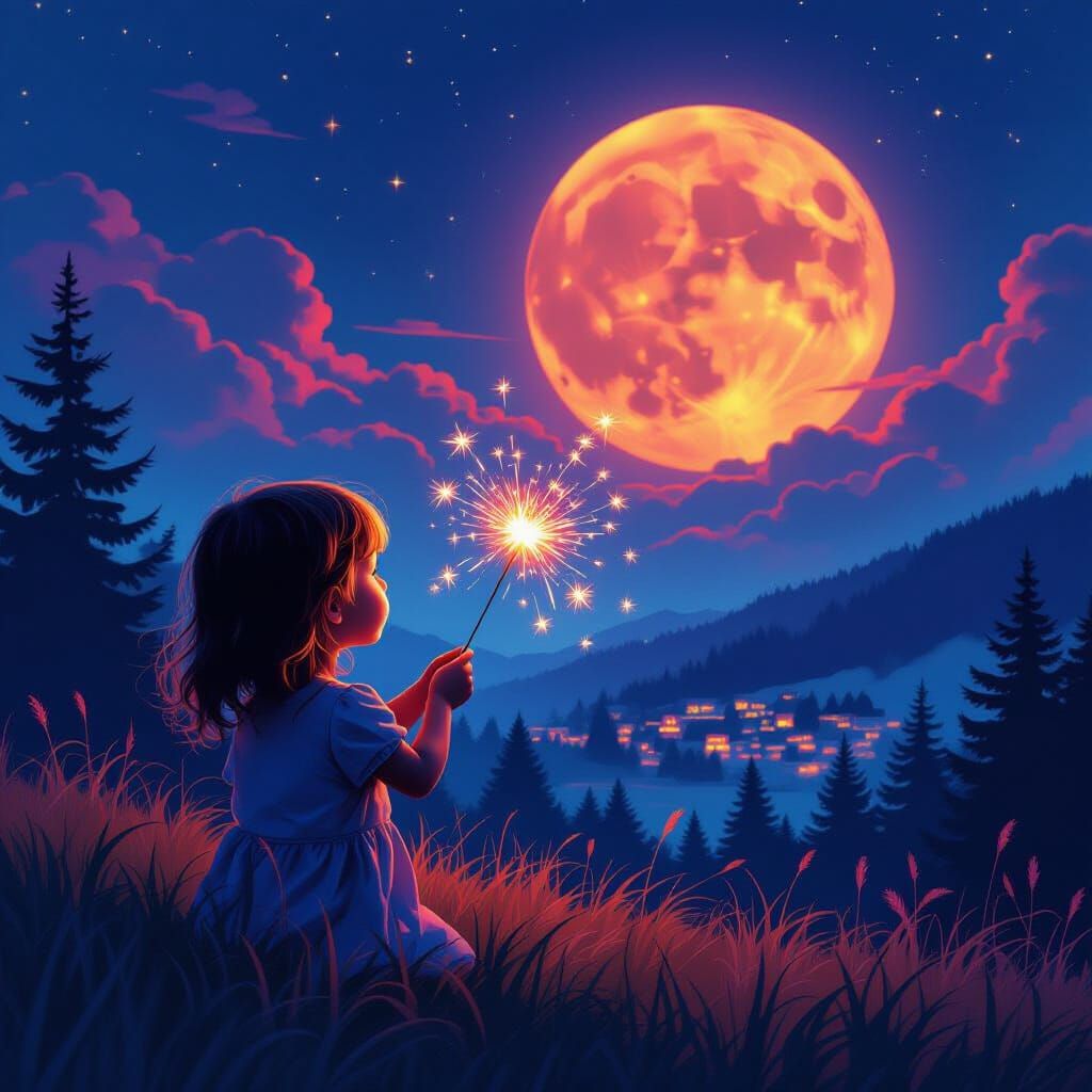 Girl with Sparkler Under Giant Moon in Groovy Countryside