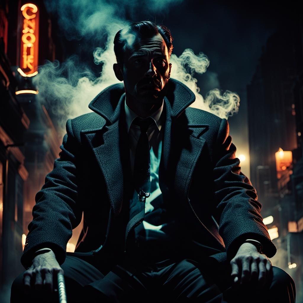 Ominous Anti-Hero on Throne in Film Noir Style