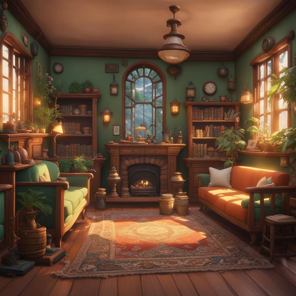 Studio Ghibli Style Living Room, Detailed Matte Painting