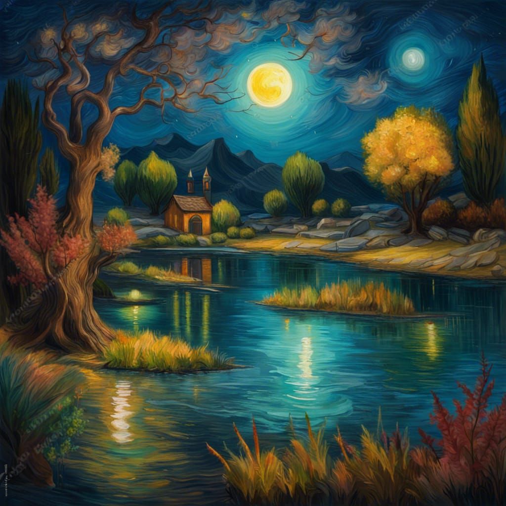 Van Gogh Style Fantasy Landscape with Moon