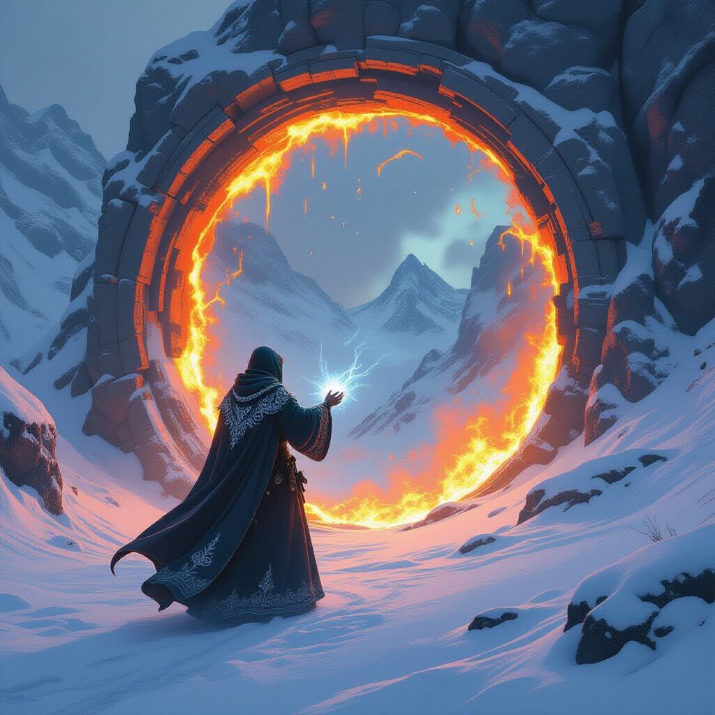 Mage Opens Volcanic Portal in Snowy Pass