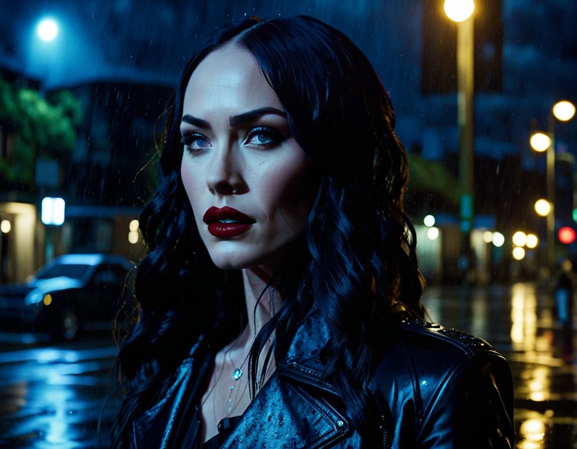 Megan Fox in Gothic Attire on Rainy Seattle Night