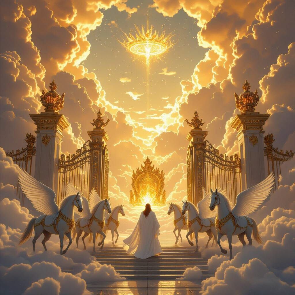 Majestic Heaven Scene with Golden Light and Chariots