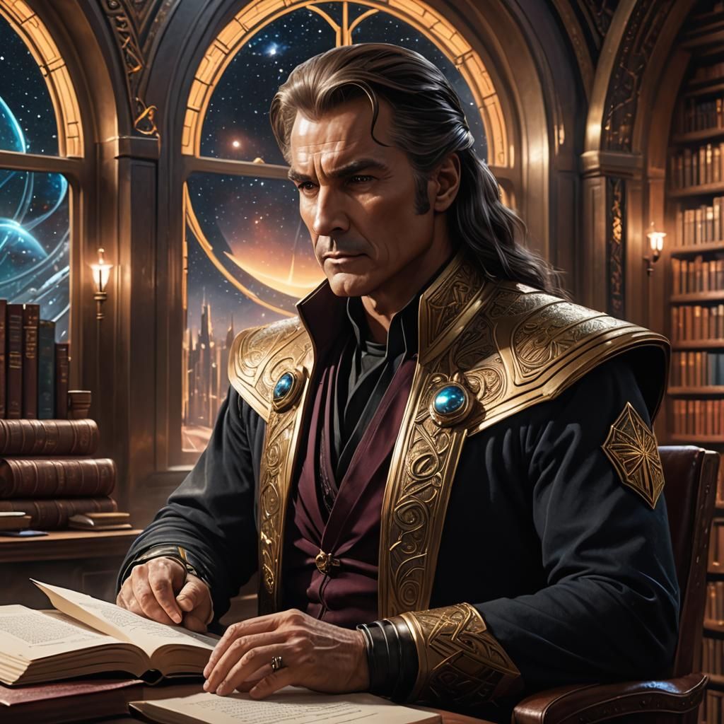 Overlord Scholar in Starship Library, Hyperrealistic Art