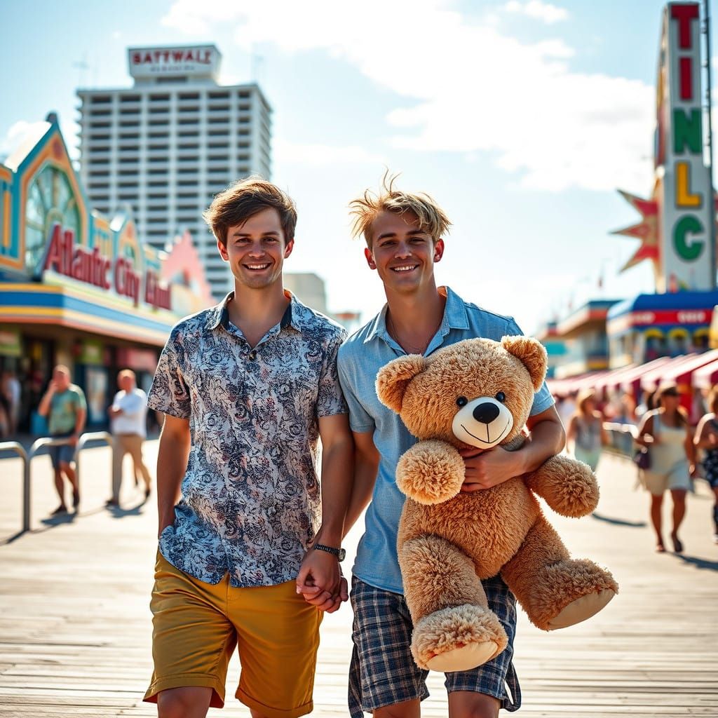 Handsome Young Couple Strolls Atlantic City Boardwalk