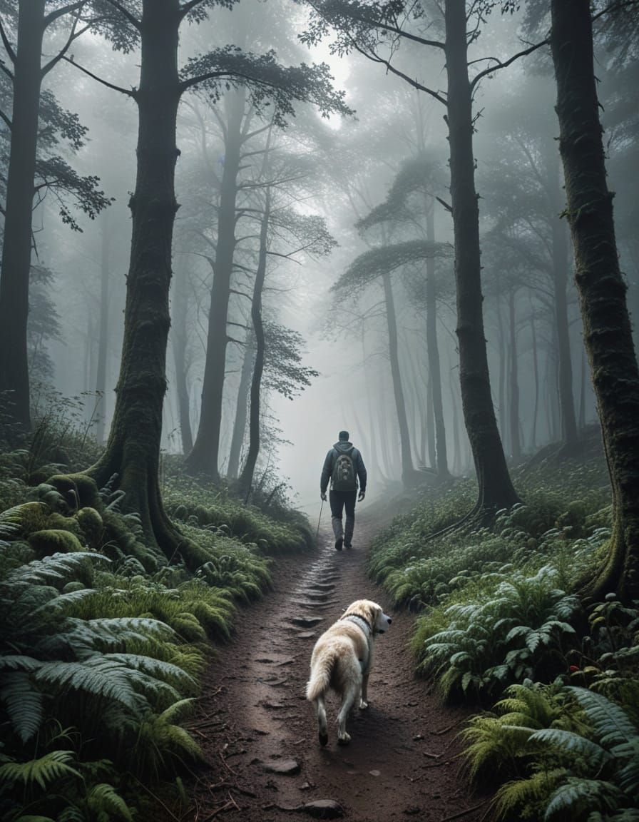Man and Dog in Misty Forest Trail