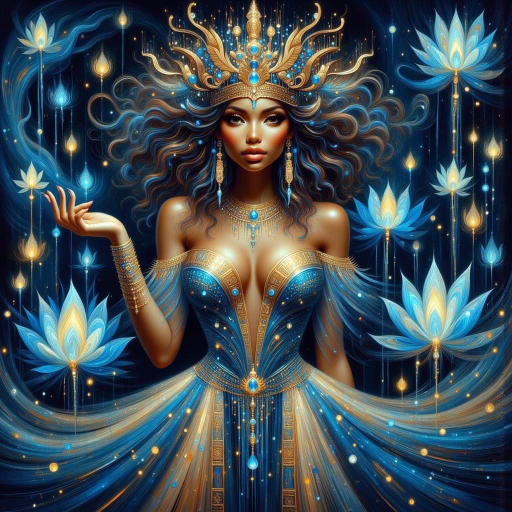 Egyptian Woman in Lotus Flowers, Impressionist Portrait