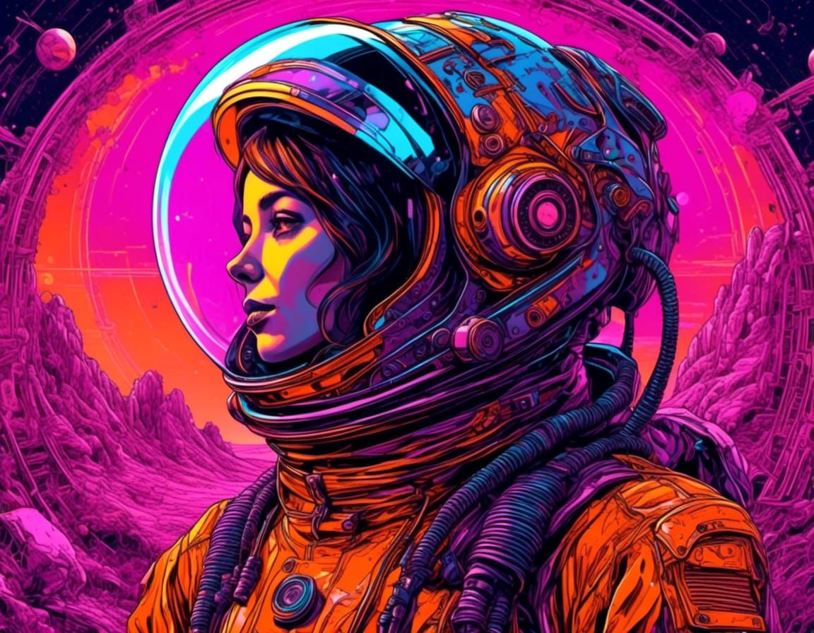 Bioluminescent Astronaut Exploring Alien Planet in Line Art