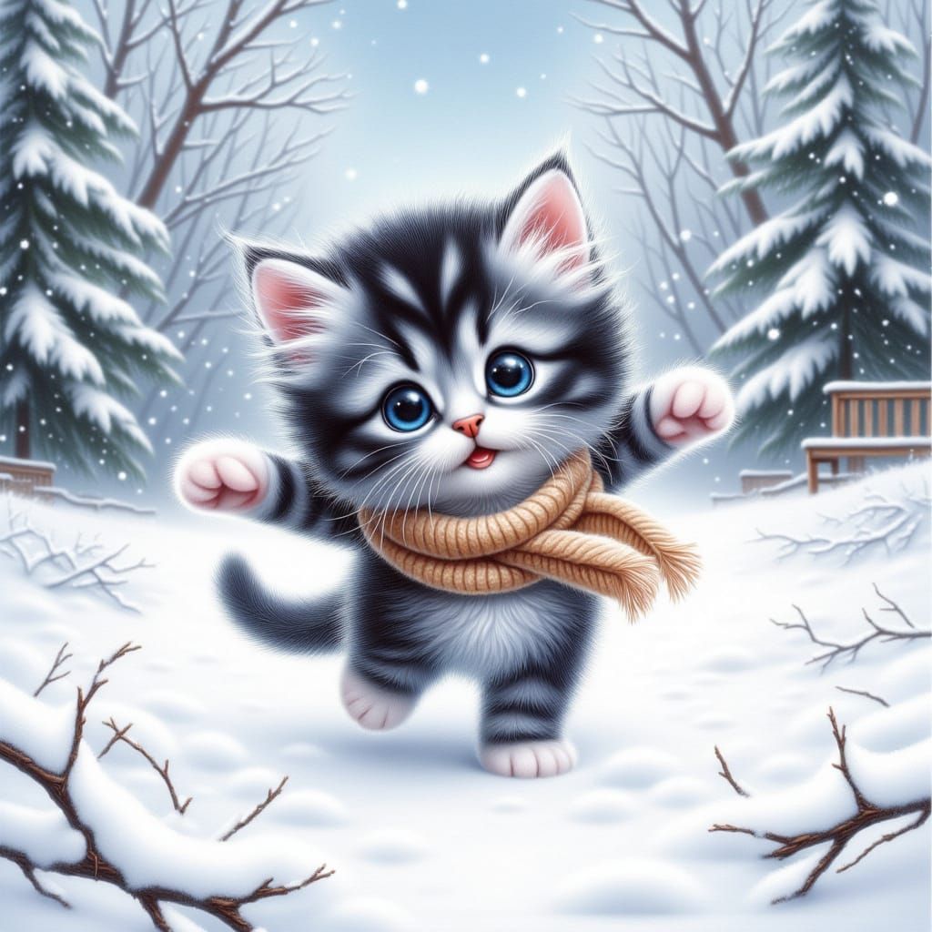 Whimsical Kitten in Winter Wonderland
