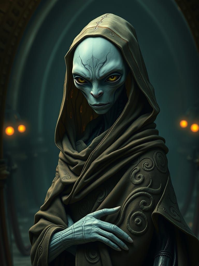 Ethereal Alien Sage in Ancient Futuristic Realm