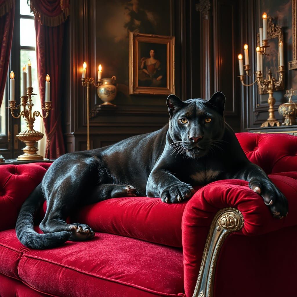 Luxurious Black Panther on Velvet Couch in Opulent Setting