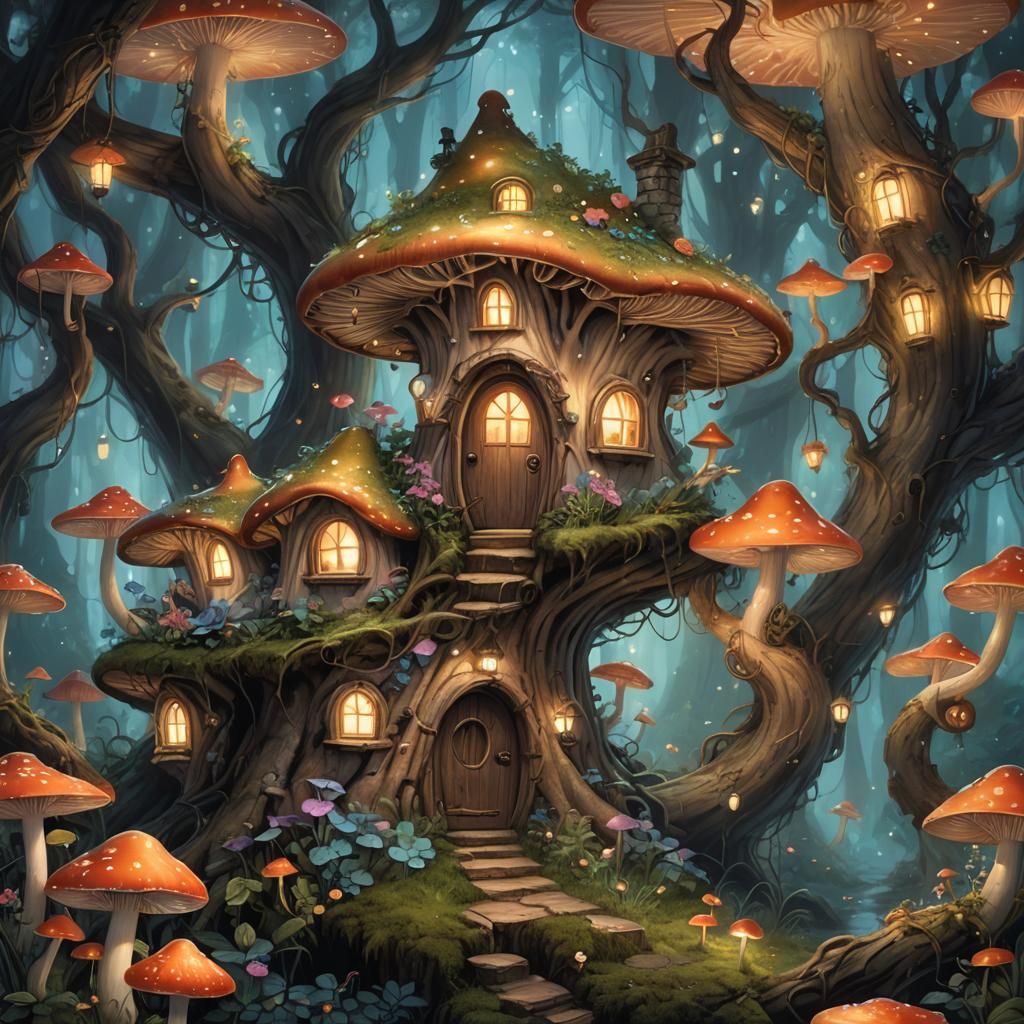 Enchanted Fairy House in Bioluminescent Forest