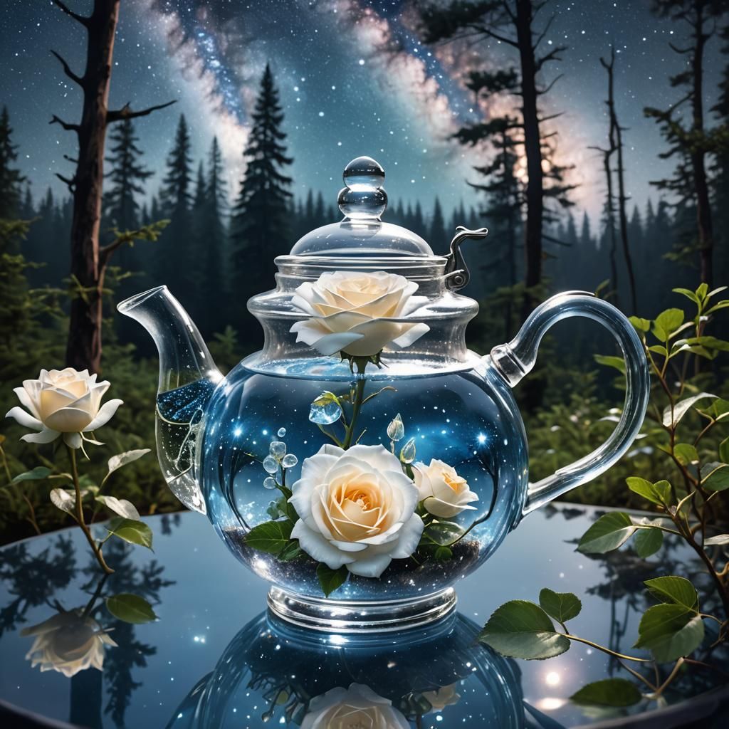 Crystal Teapot with Rose Under Galaxy