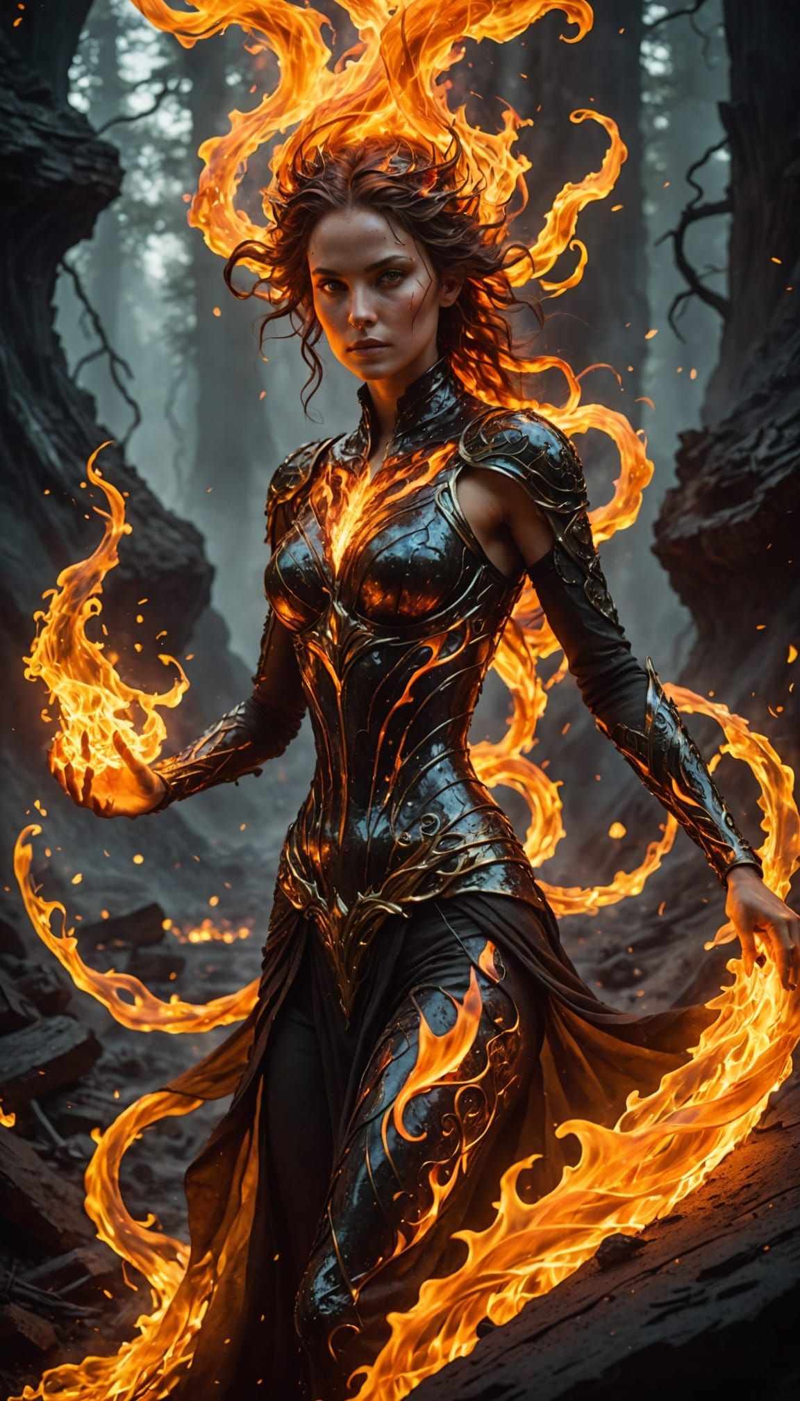 Fire Elemental Woman in Molten Glass and Lava