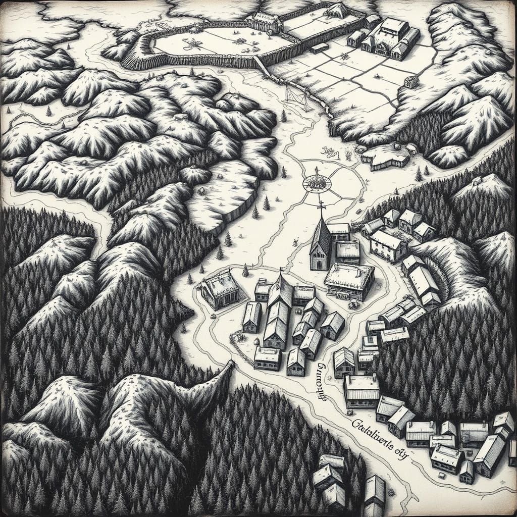 Medieval War Map in Charcoal Drawing Style with Elaborate Te...