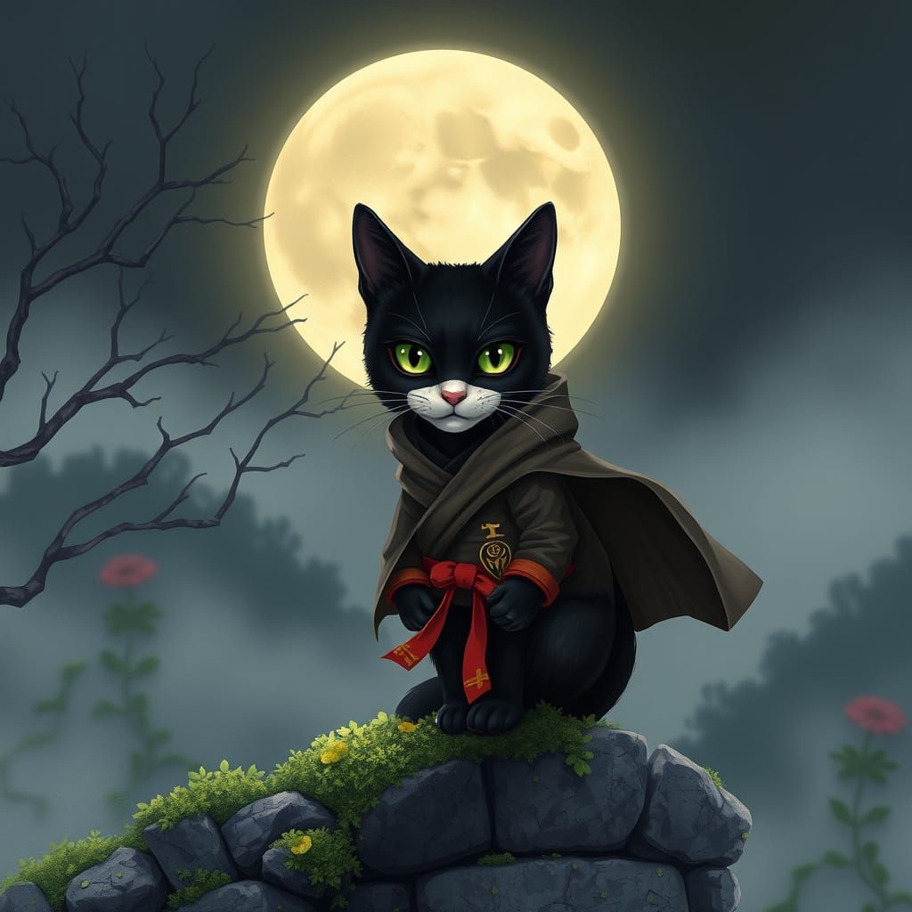 Mysterious Ninja Cat Guards Moonlit Japanese Garden