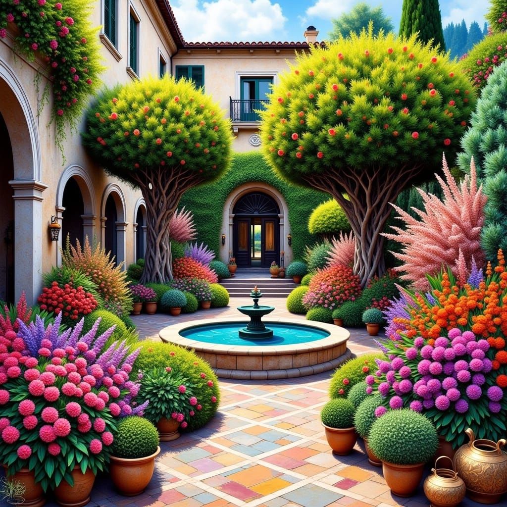 Ethereal Italian Courtyard in Vibrant Abstract Style