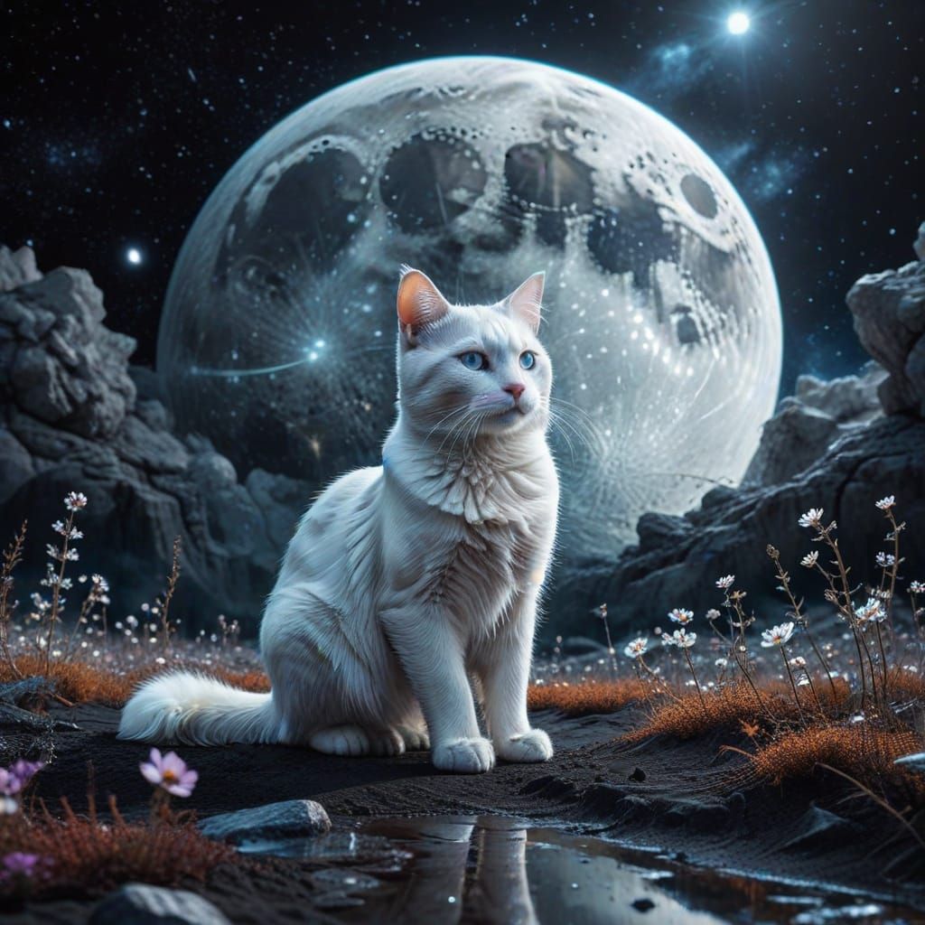 White Cat on Moon in Astral Cosmic Style