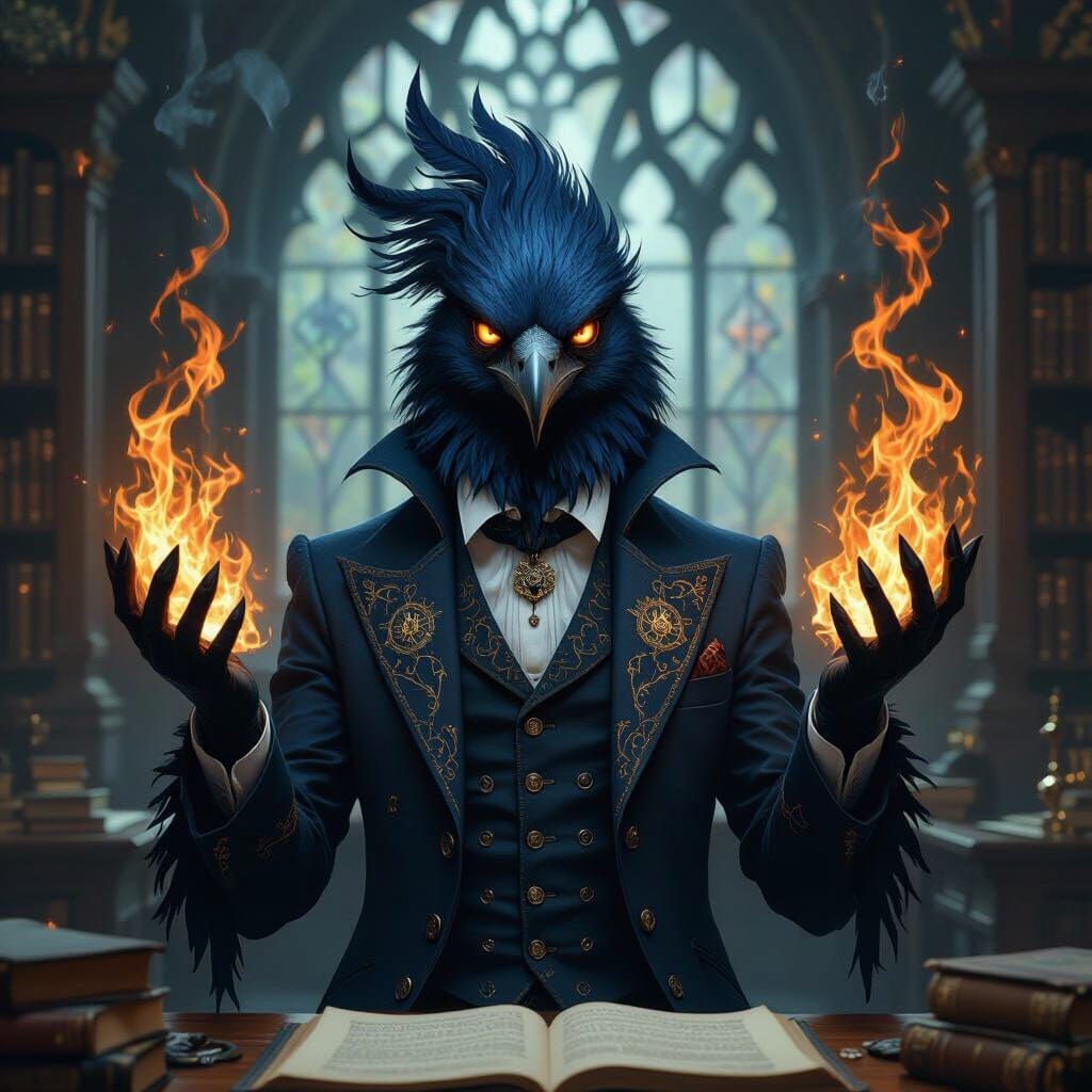 Avian Professor Conjuring Flames in Gothic Classroom