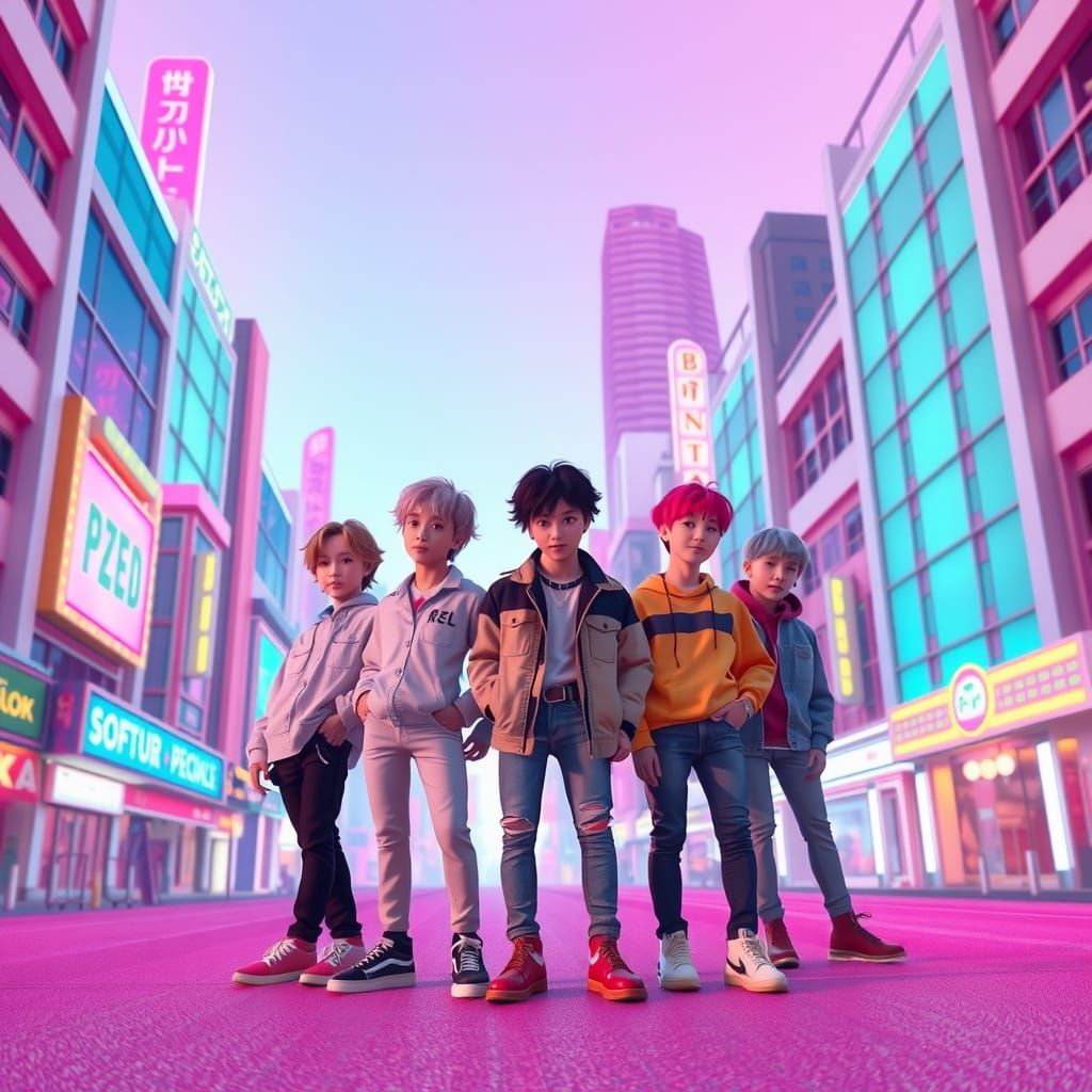 Kawaii BTS Band in a Futuristic Cityscape