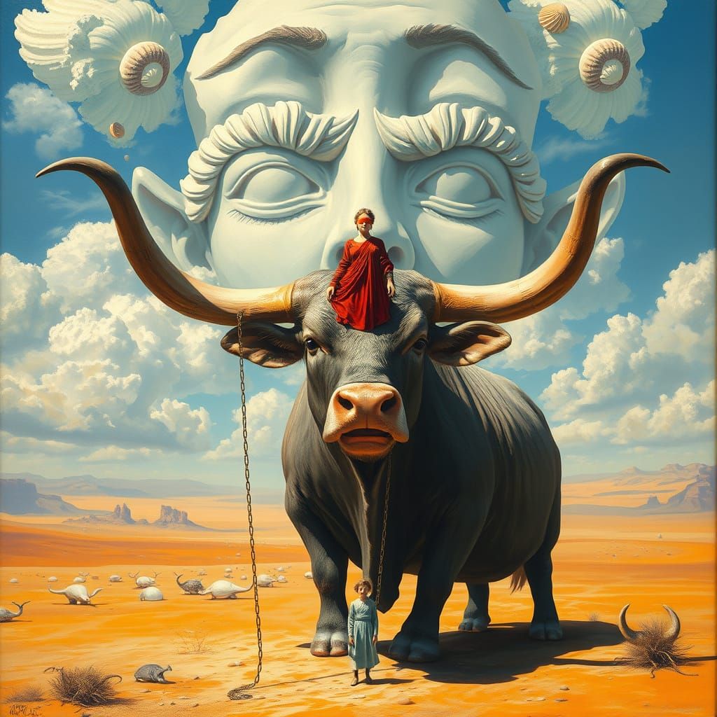 Surreal Desert Ox Transforms into Giant Face