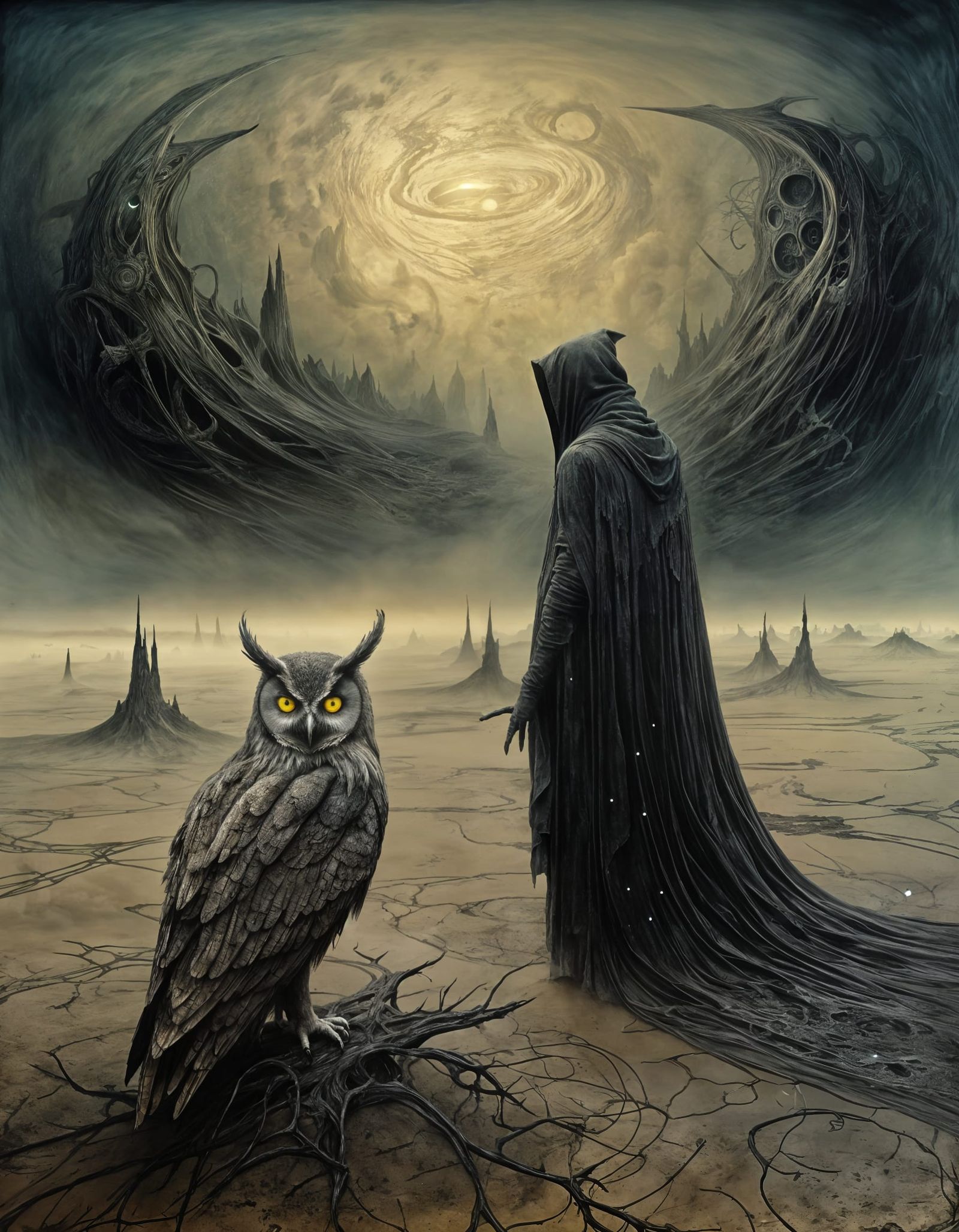 Surreal Wizard with Stardust Cloak and Spectral Owl