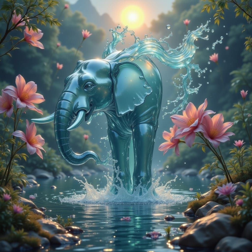 Hyperrealistic Water Elephant Shimmers with Golden Light