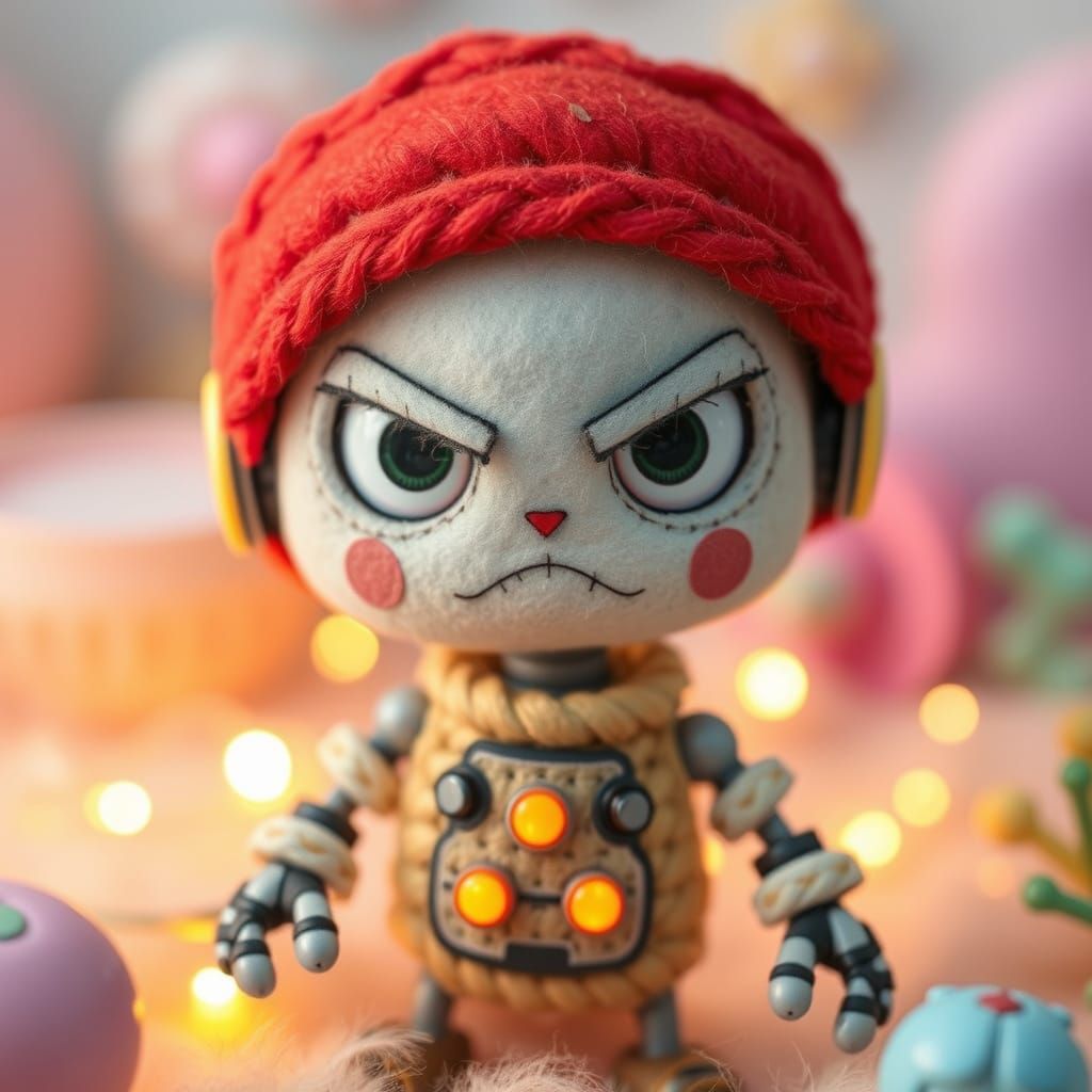 Angry Baby Robot in Whimsical Pastel Felt Style