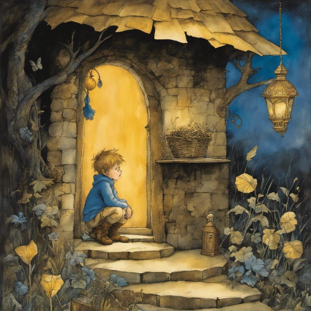 Fairytale Storybook Page of Boy and Dark House