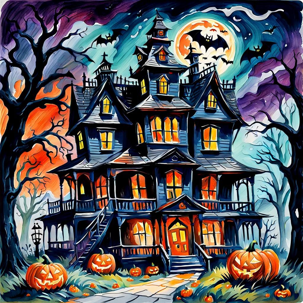 Halloween Haunted House Gouache Style Masterpiece