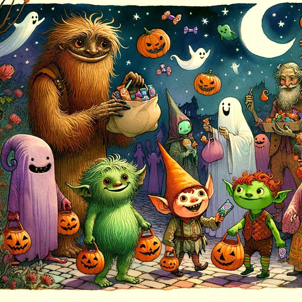 Monsters Trick-or-Treating in Art Nouveau Style