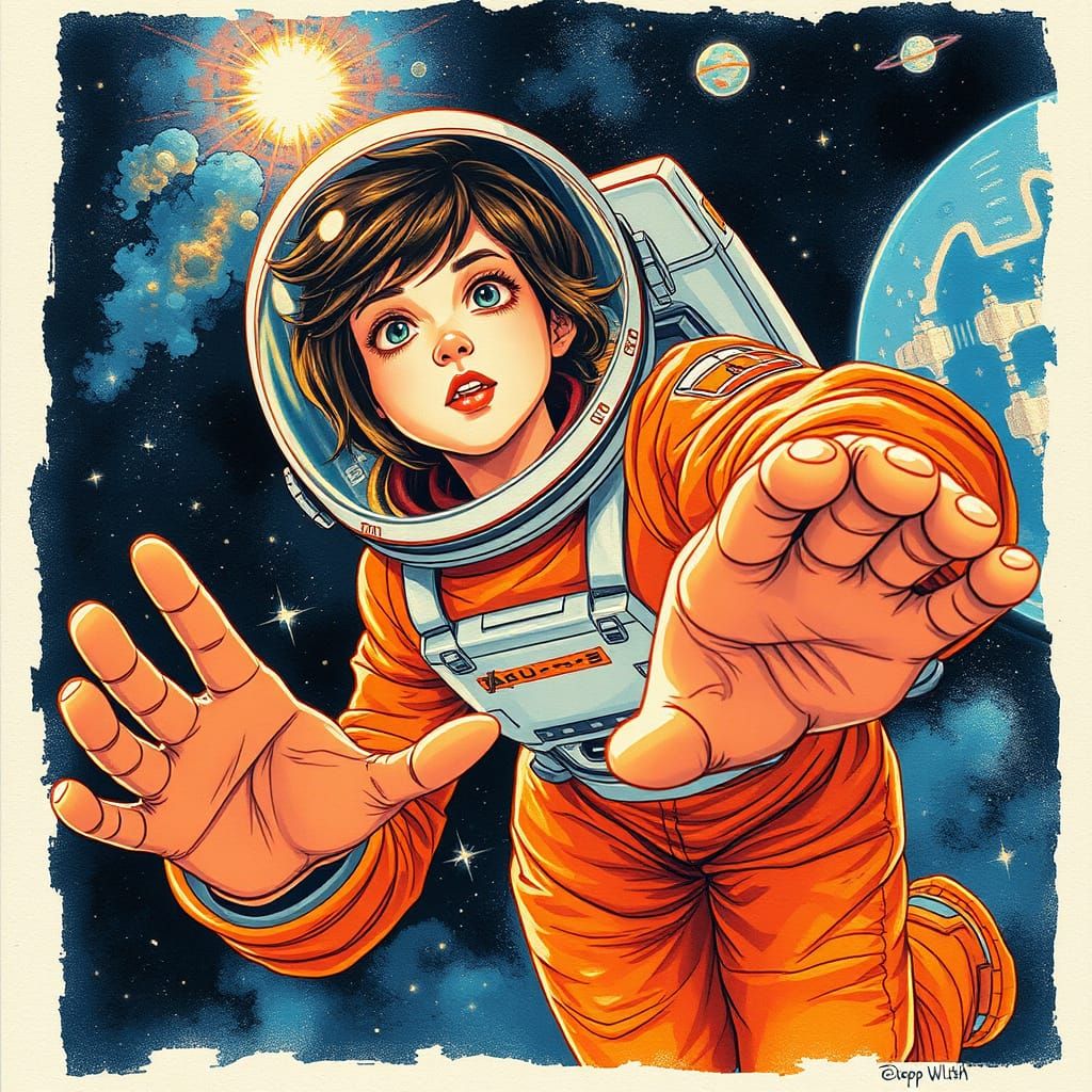 Vibrant Impressionist Astronaut Portrait in Zero Gravity