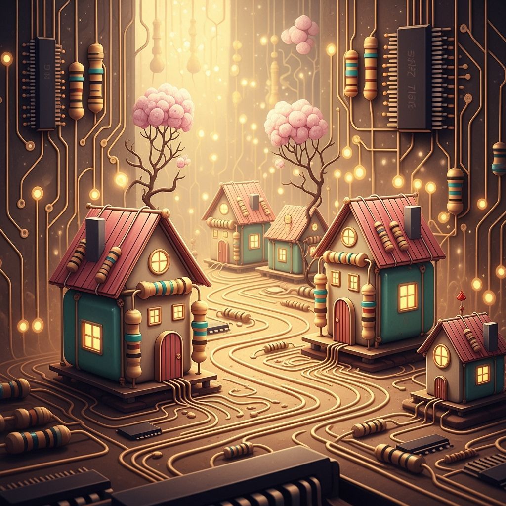 Fairy Village in Computer Circuitry, Surreal Art Style