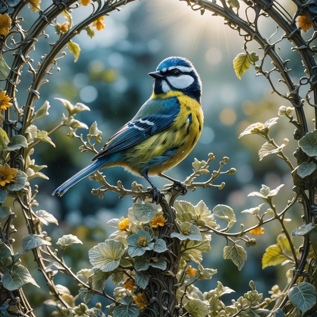 Intricate Glass Bluetit in Surreal Heavenly Garden