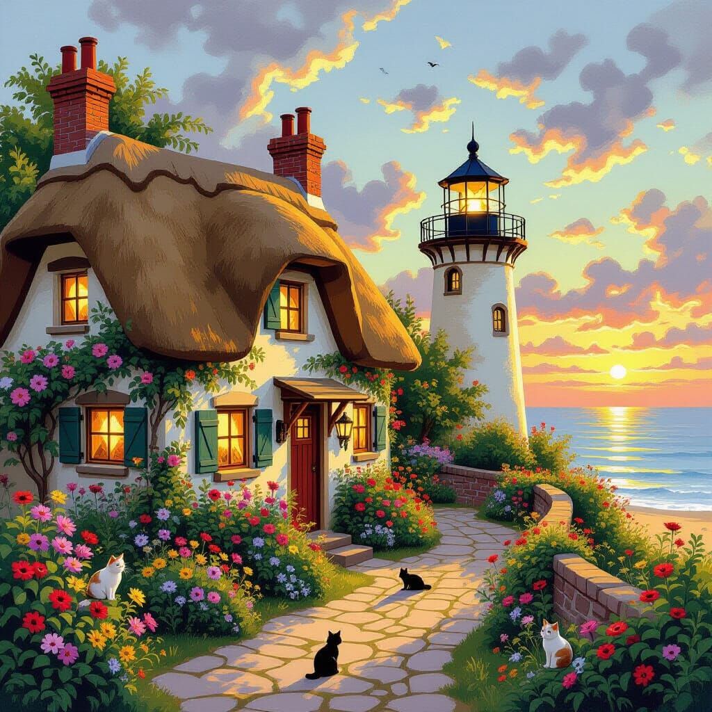 Idyllic Cottage Garden with Lighthouse, Impressionistic Styl...
