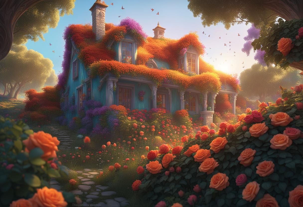 Rose-Covered Cottage on a Hill: Art Nouveau Style