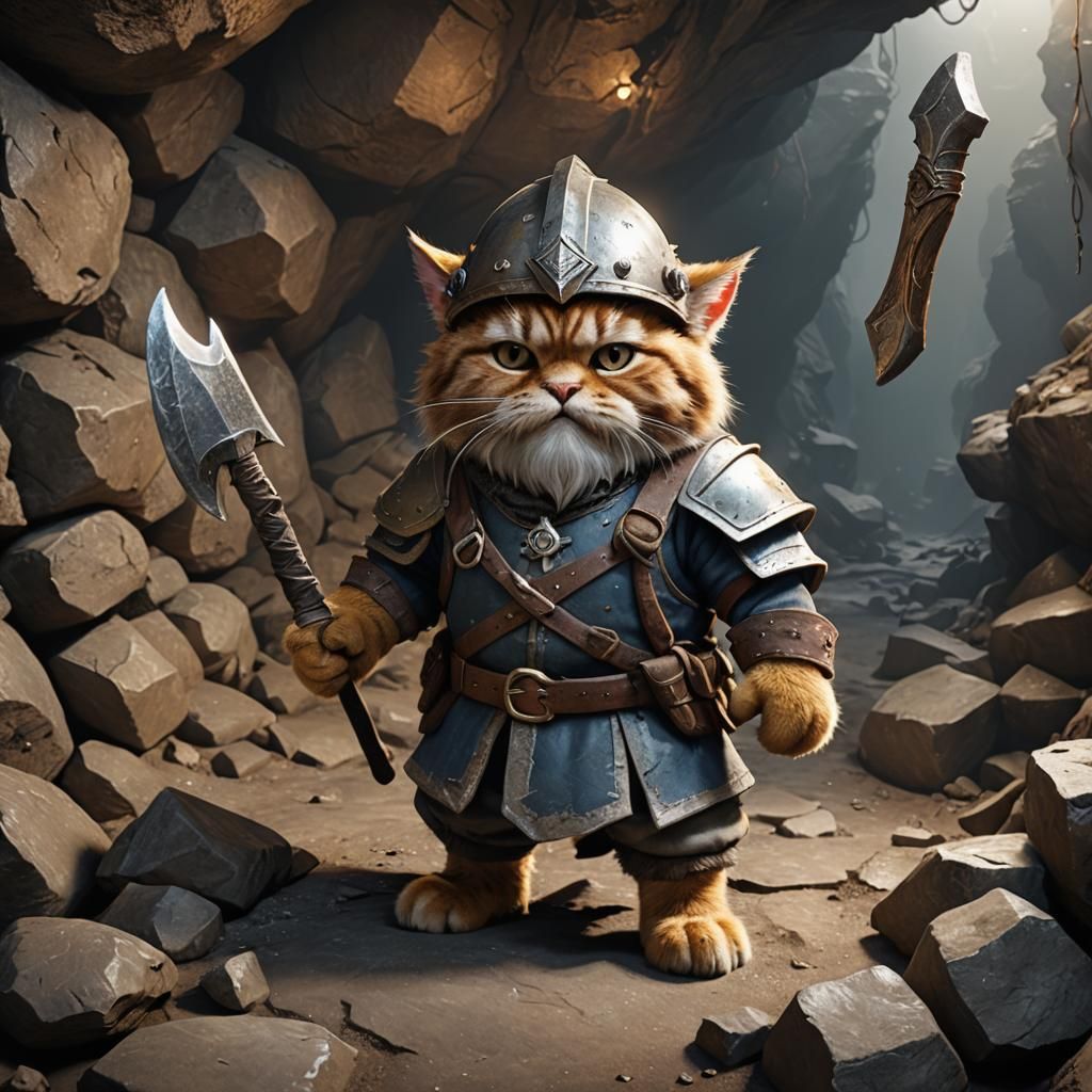 Gimli Cat Miner in Cave, Octane Render