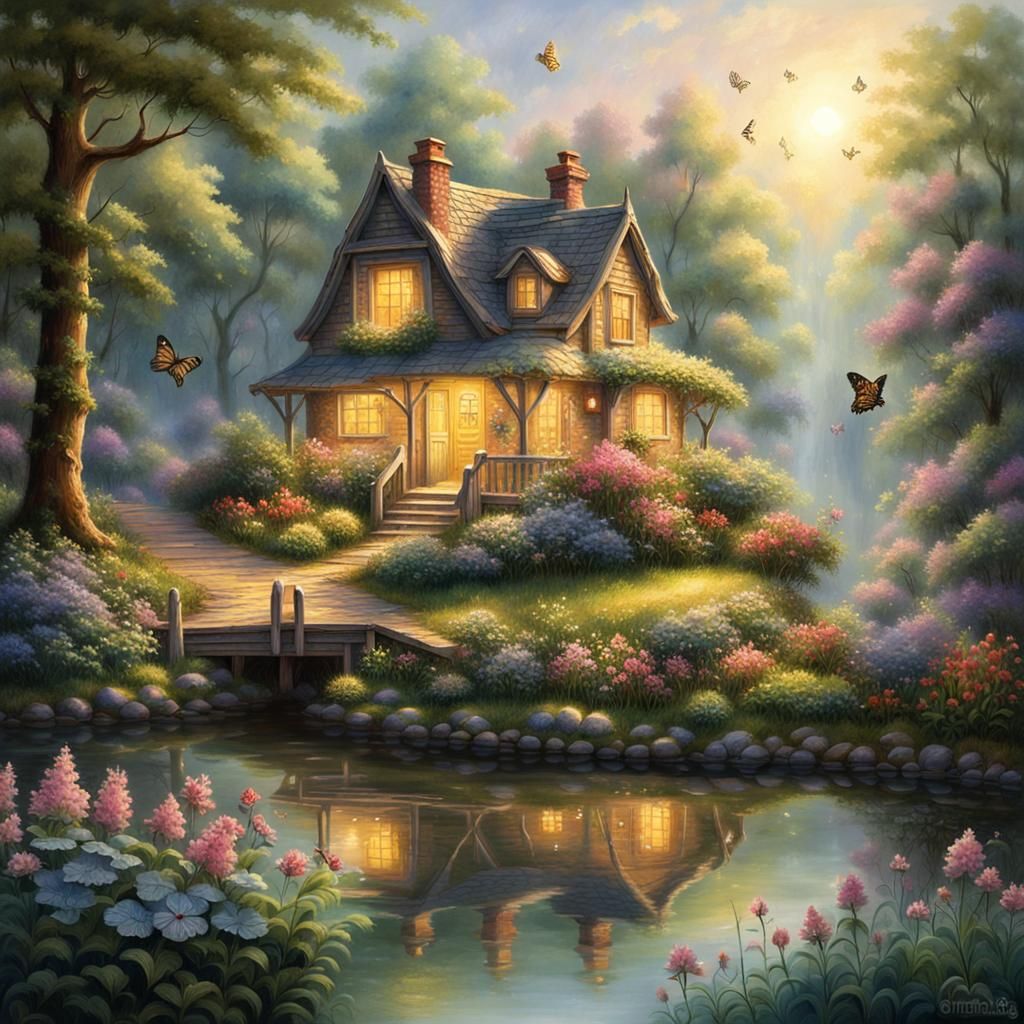 Ethereal Forest Cottage Reflecting Sunlight, Fantasy Art