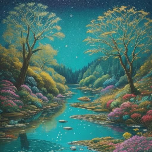 Glittering Landscape with Ancient Tree, in Art Brut Style