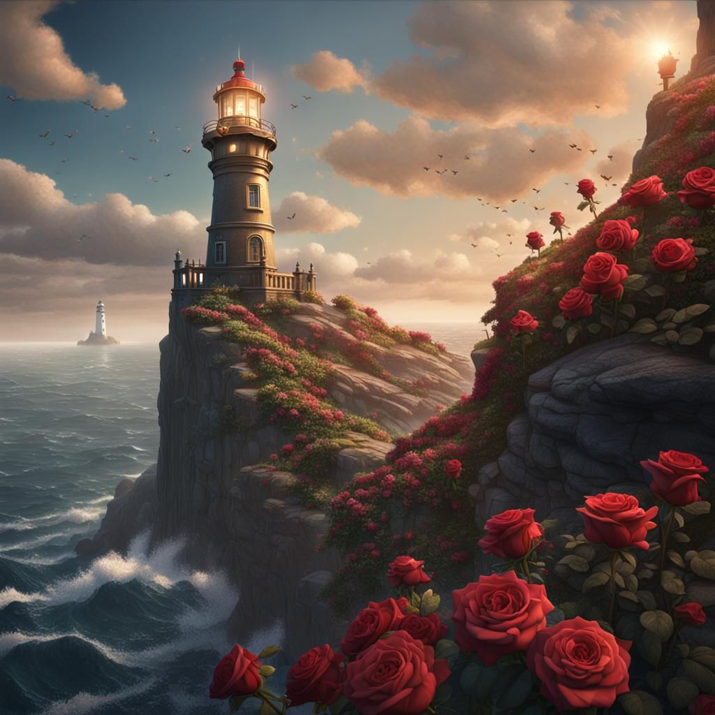 Lighthouse on Cliff with Roses: Matte Painting
